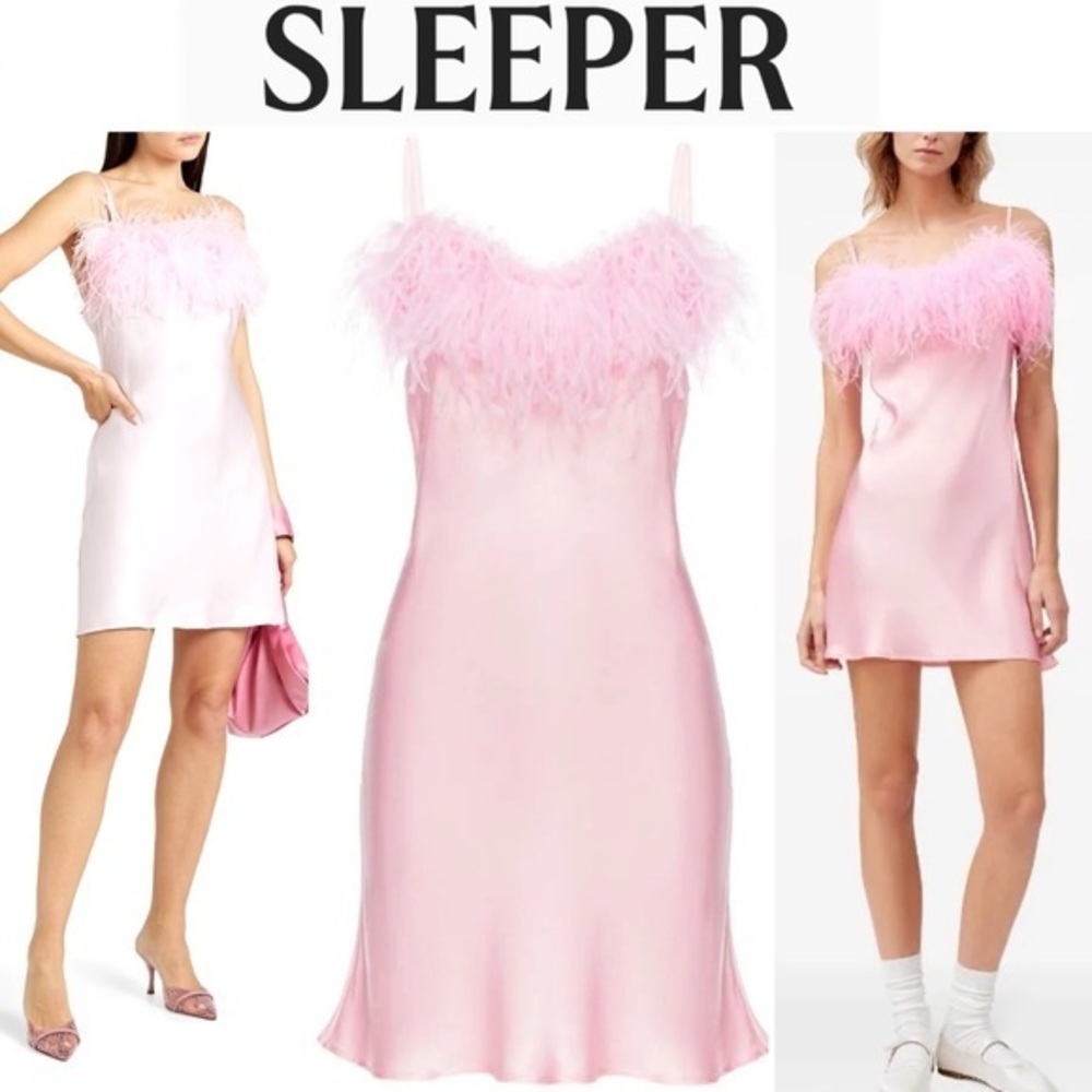 Sleeper Boheme Feather-Trim Minidress in Pink